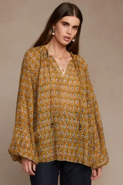 Chan Luu Tops^Josephine Block Print Blouse Chai Tea